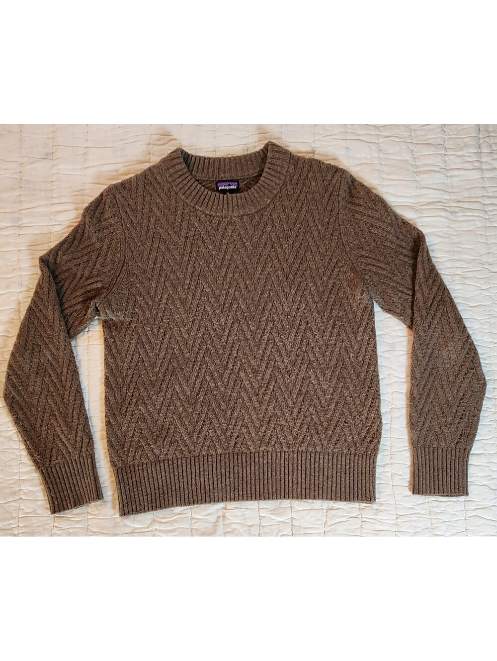 Patagonia Recycled Wool Blend Crewneck Sweater XS Topsoil Brown Cheveron  ♻️
